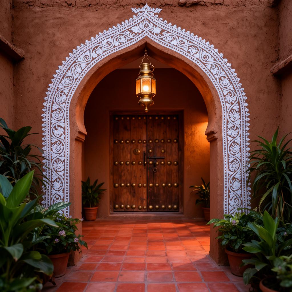 Decorated mud archway with hand-painted mandana motifs