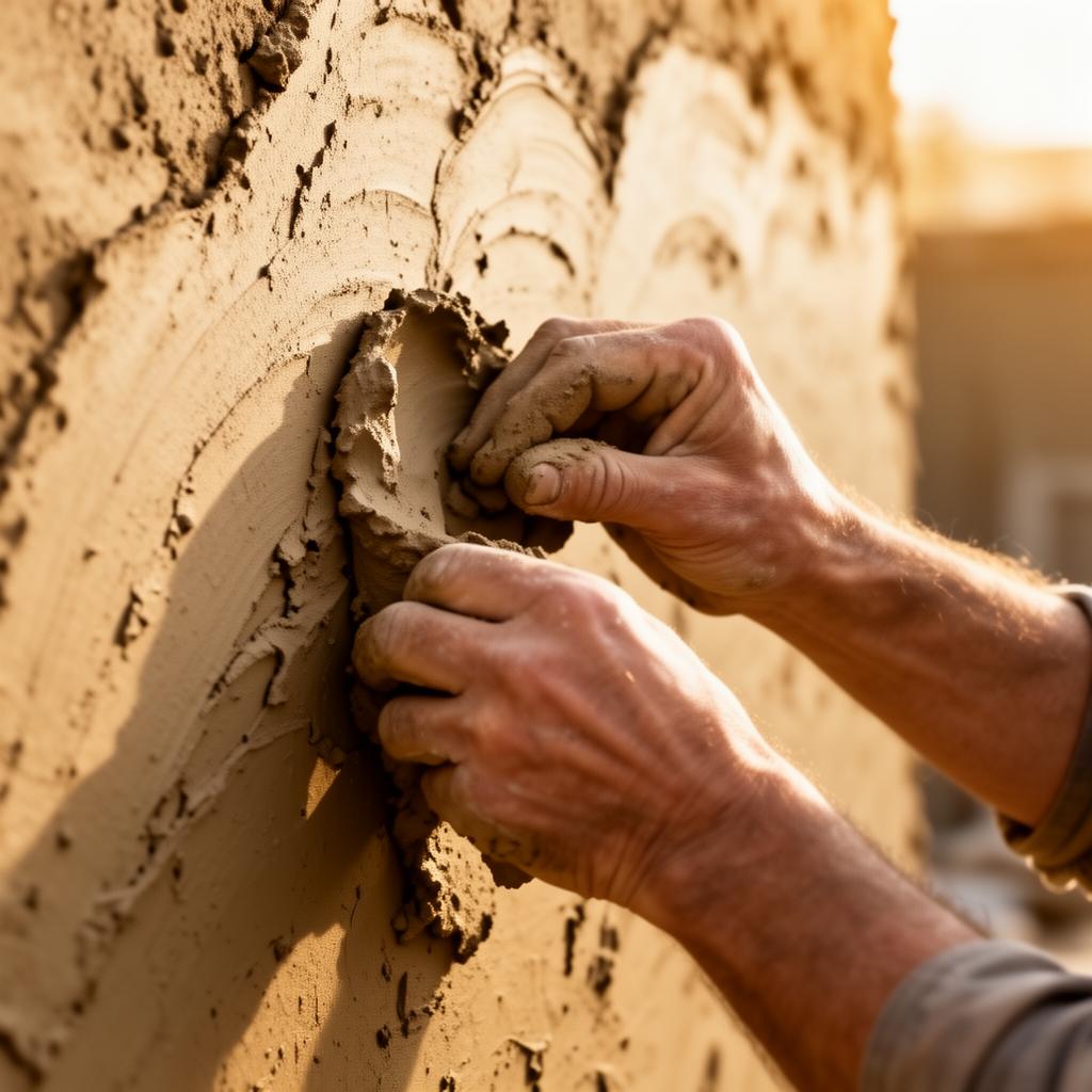 Artisan hands crafting a mud wall