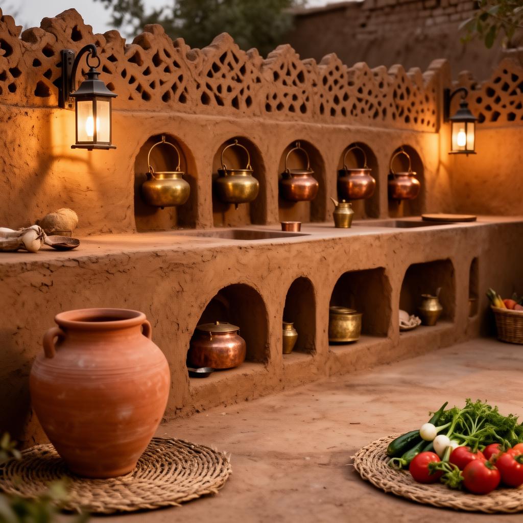 Wide mud kitchen counter with brass handi storage