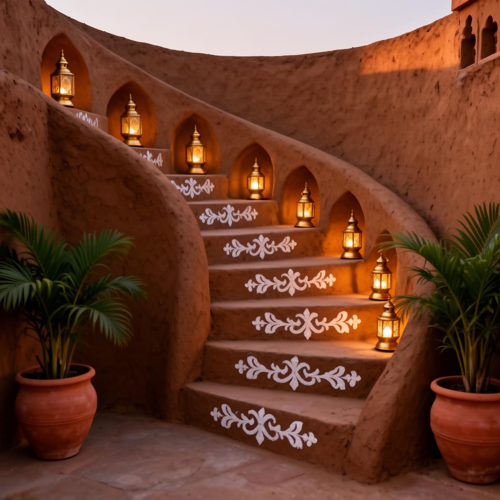 Sculptural mud staircase with lantern niches